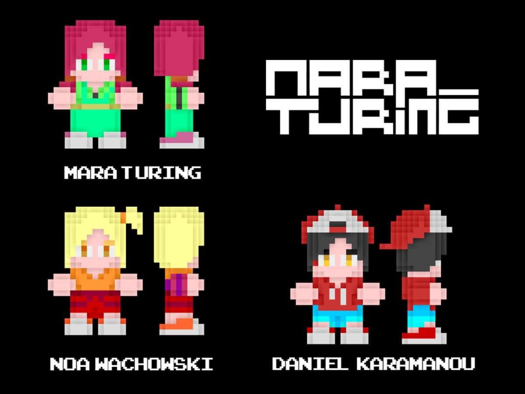 Pixel versions of Mara Turing, Noa and Daniel created by Ana, from How I Learned Code